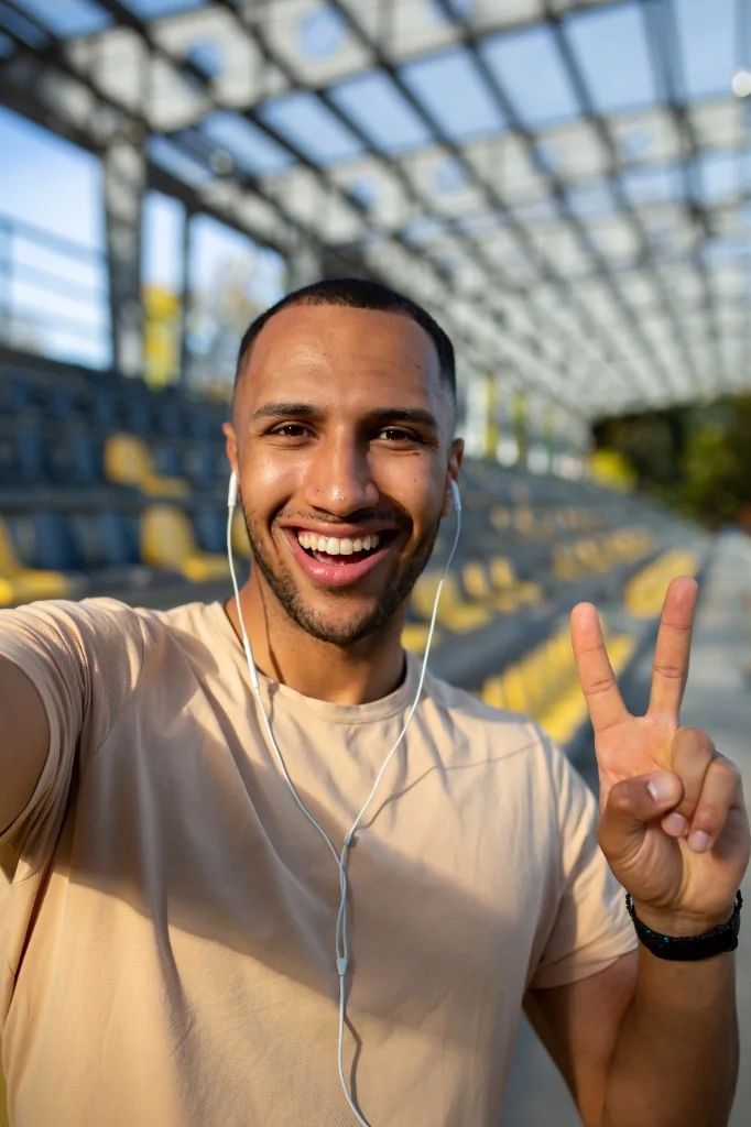 Influenceur marocain en selfie vertical dans un stade, signe de la victoire, casque audio